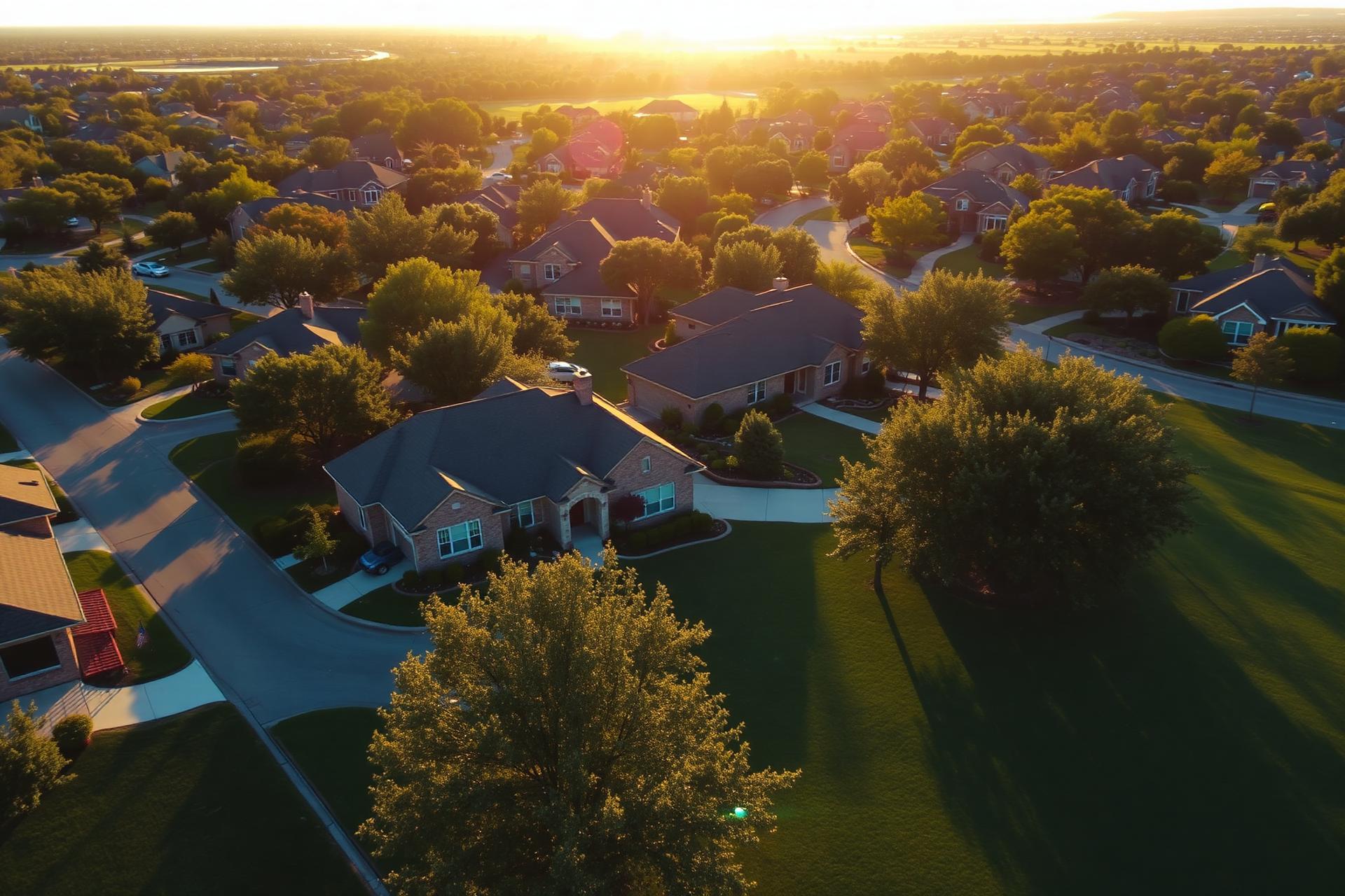 Aerial view of a Rockwall, TX neighborhood at golden hour